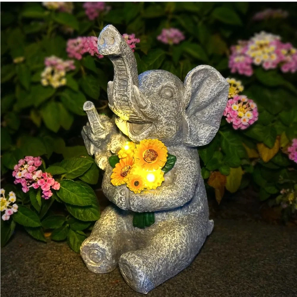 Elephant and Sunflower Figurine with Lights, Outdoor Decorations for Yard, patio